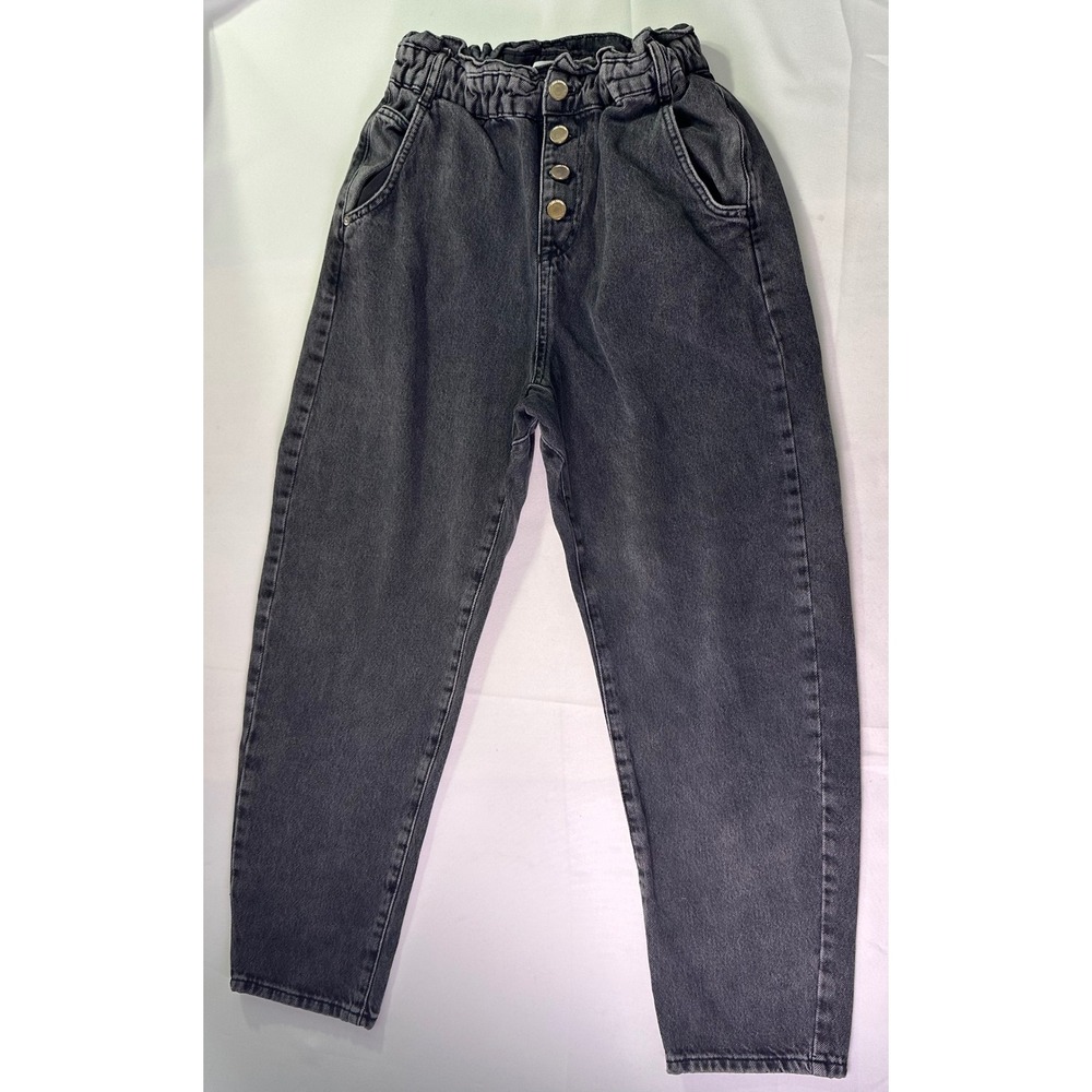 Zara High Rise Paperbag Waist Balloon Jeans‎ Black Acid Wash Button Fly Size 4